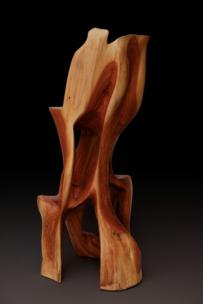 Makha, Flowing High-Back Bar Chair – Carved Sculpture in Natural Hardwood