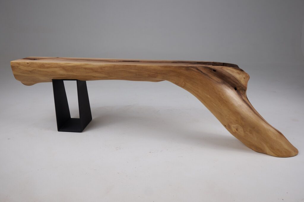 Leszy, Organic Sculptural Wood Bench with Metal Base