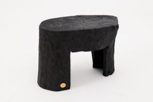 Rustic Sculptural Side Table, Burnt Black Wood, Carved, Unique, Logniture, main view