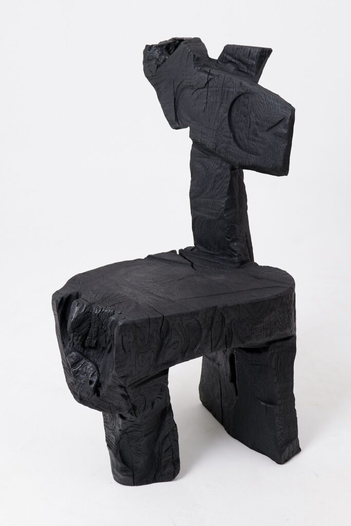 Brutalist Sculptural Chair, Carved, Solid Wood, Oak, Black, Rustic