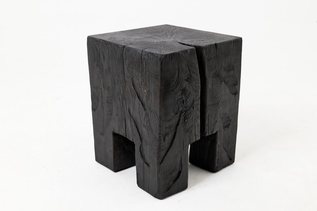 Sculptural Hardwood Side Table, Stool, Charred Wood, Hand-Carved