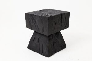 Sculptural Hardwood Side Table, Stool, Charred Wood, Hand-Carved, main view